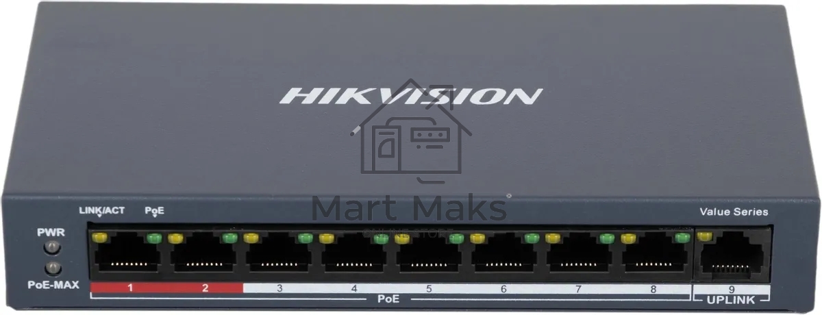 Коммутатор Hikvision DS-3E0109P-E/M(C), 8×100 Мбит/с PoE+ + 1×100 Мбит/с, неуправляемый
