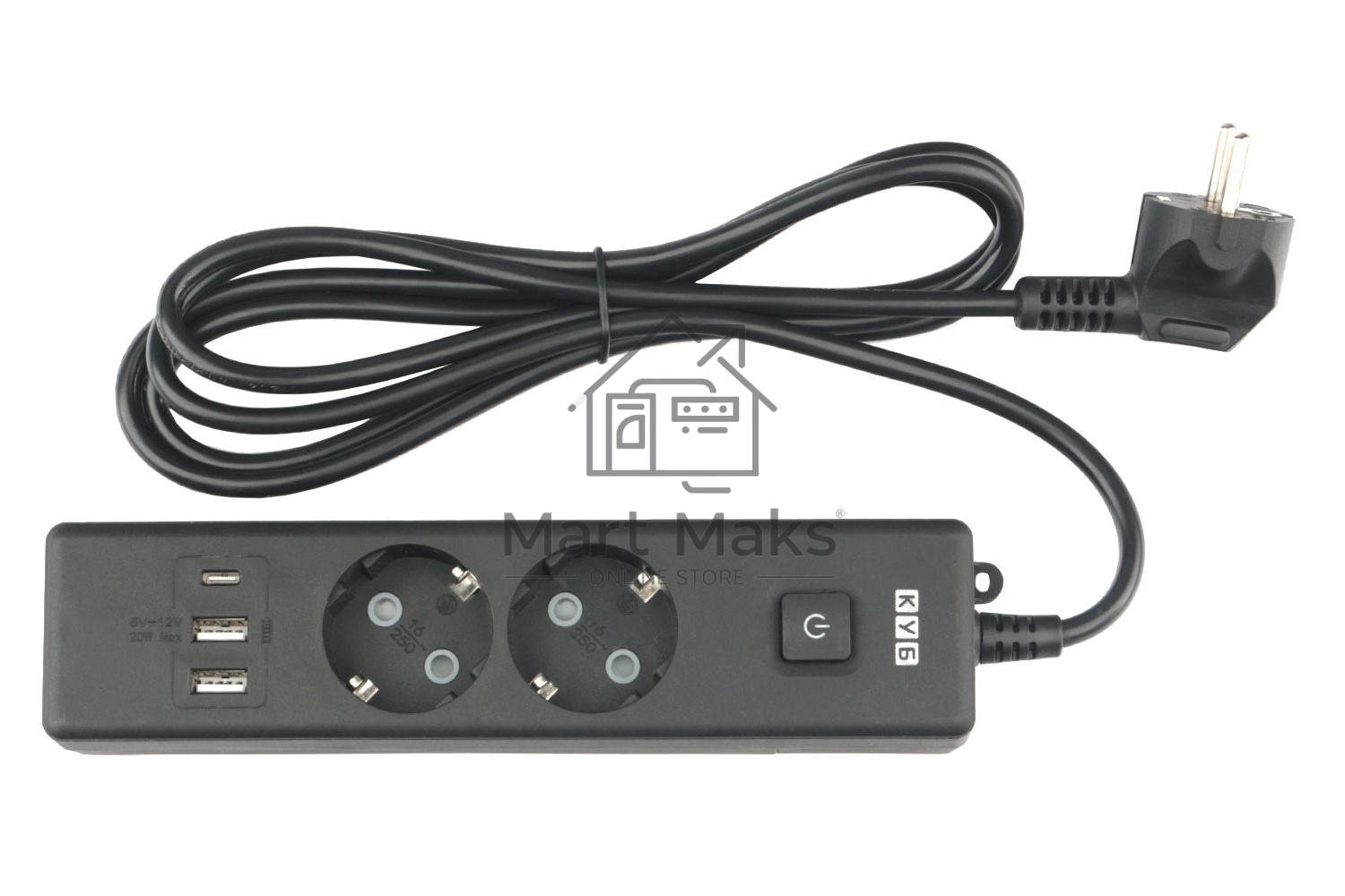 Бытовой удлинитель PowerCube, 2р с/з вык.,3USB, 3500 Вт, 16А, 1.9 м, 3*1,0 (черный) PC-5B-2M