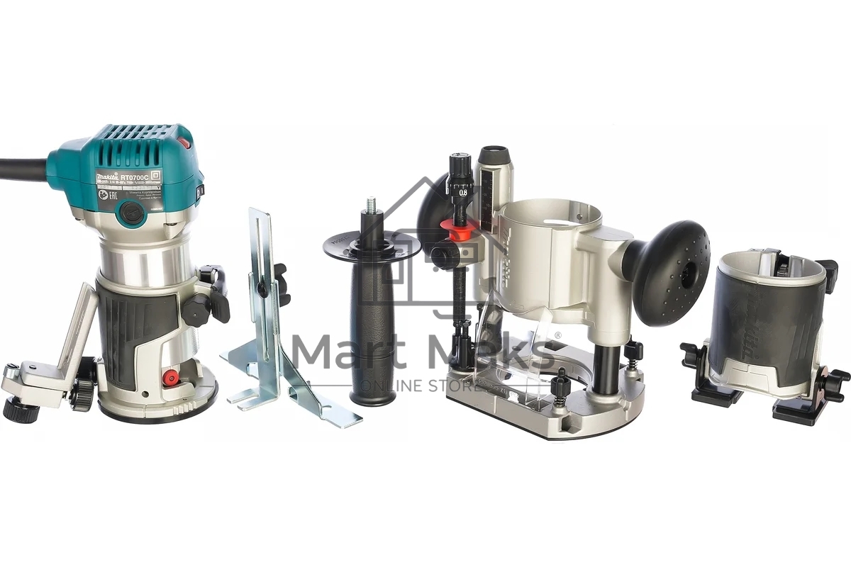 Фрезеры Makita RT0700CX2 Фрезер кромочный,710Вт,10000-30000об\м,цанга-6-8мм,1.8кг,сум,прям направляющая,погруж и накл подошвы