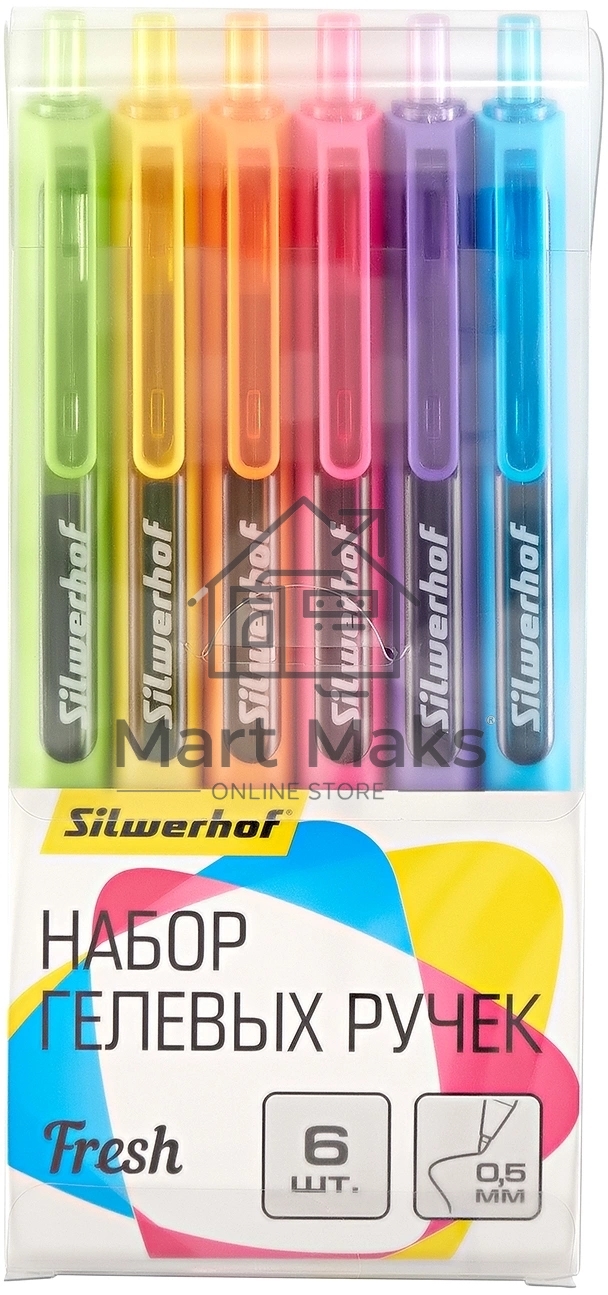 Набор ручек гелевых автоматических Silwerhof NG Fresh, d=0.5мм, синие чернила, блистер с европодвесом (6шт) сменный стержень