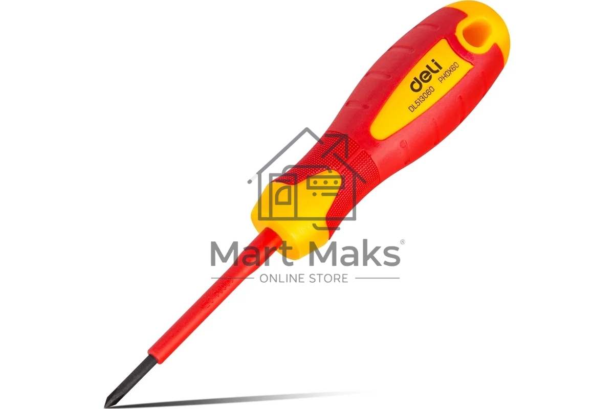Диэлектрическая крестовая отвертка Deli DL513060 PH0х60мм сталь Cr-V, сертификат VDE для работ под напряжением до 1000 В