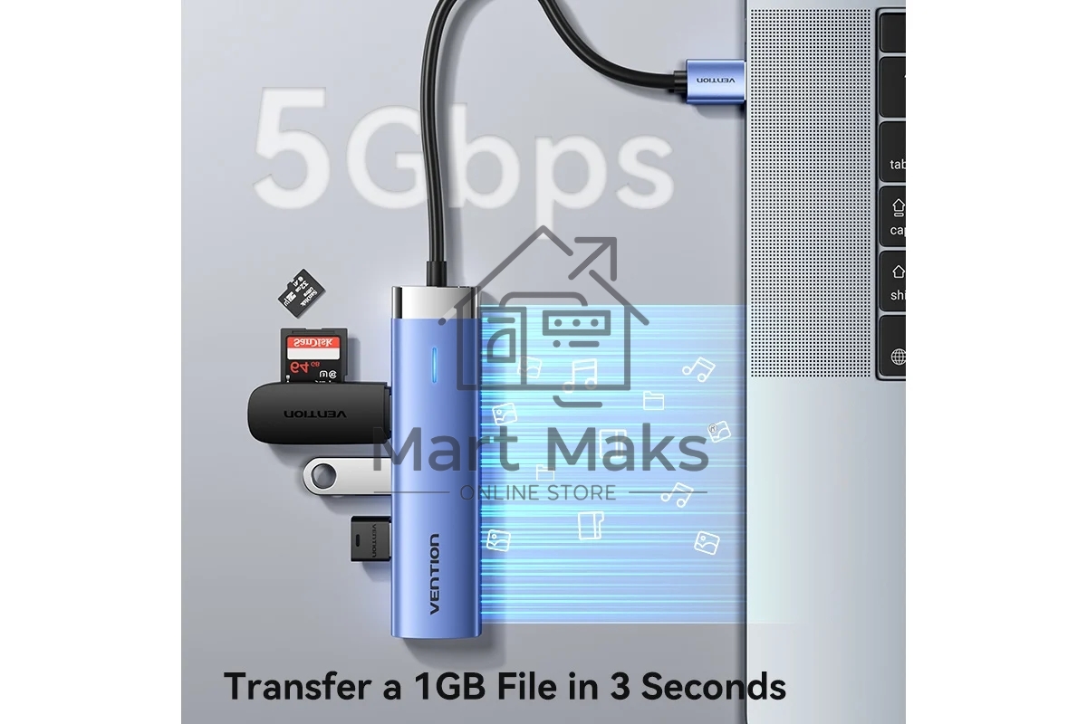 Сетевой адаптер Vention USB 3.0 M/Gigabit Ethernet RJ45+OTG хаб 3xUSB Синий - 0.15м.