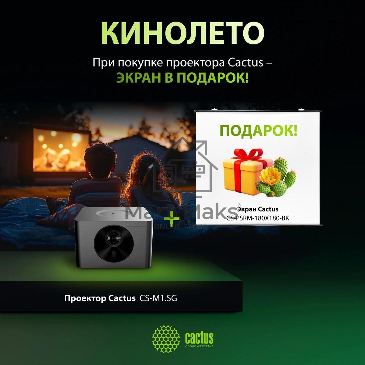 Проектор Cactus CS-M1.SG + Экран CS-PSRM-180X180-BK DLP (1920x1080) 200000:1 ресурс лампы:20000часов 1xUSB typeA 1xHDMI 1.9кг