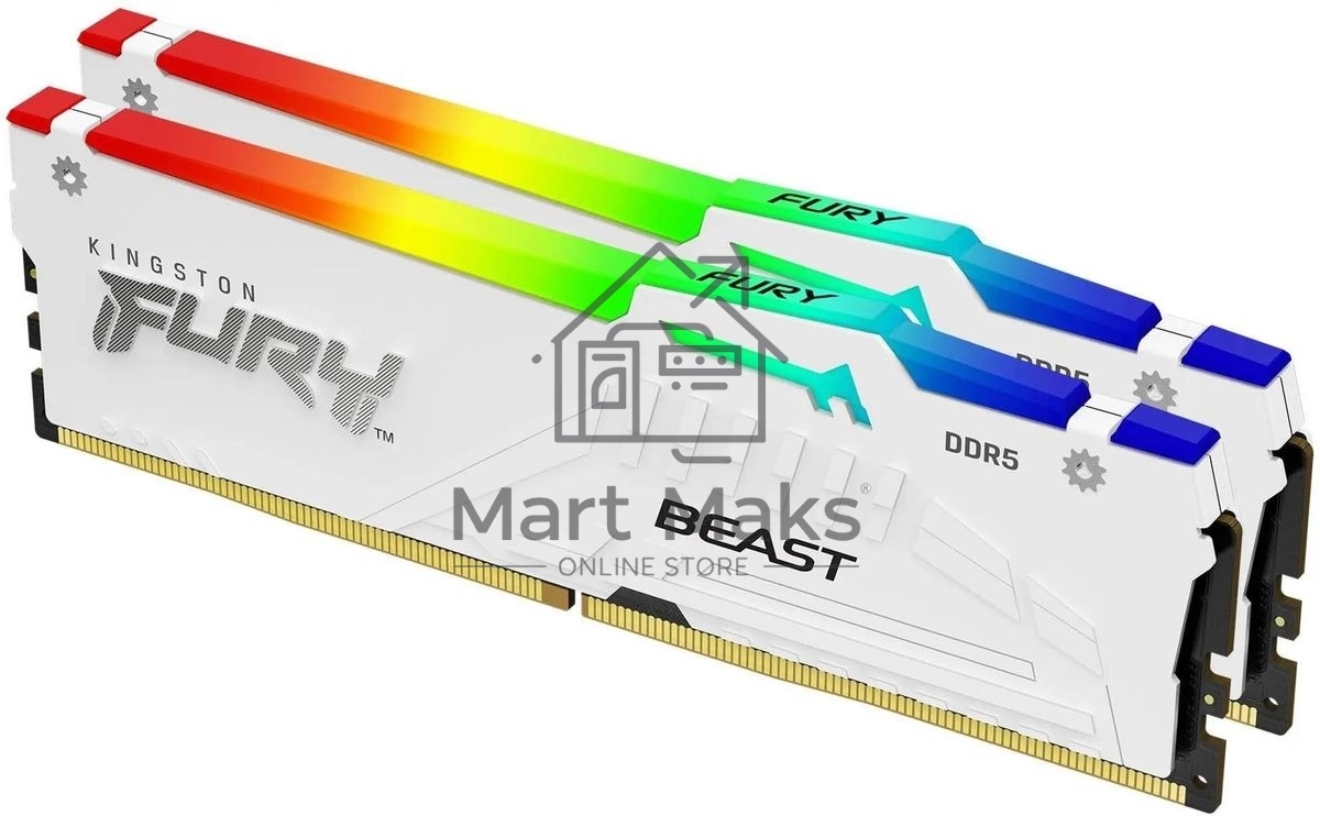 Оперативная память Kingston Fury Beast, DDR5, 32GB (2x16GB), 5200MHz, CL36, DIMM, с радиаторами, RGB, белый