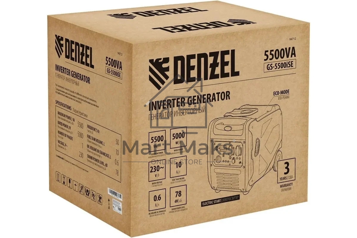 Электрогенератор бензиновый инверторный Denzel GS-5500iSE, 5.5 кВт, 78 дБ, 47 кг
