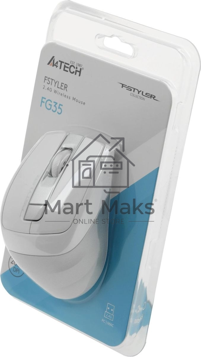 Мышь беспроводная A4Tech Fstyler FG35 серебристый/белый, 2000 dpi, радиоканал, USB, кнопки - 6