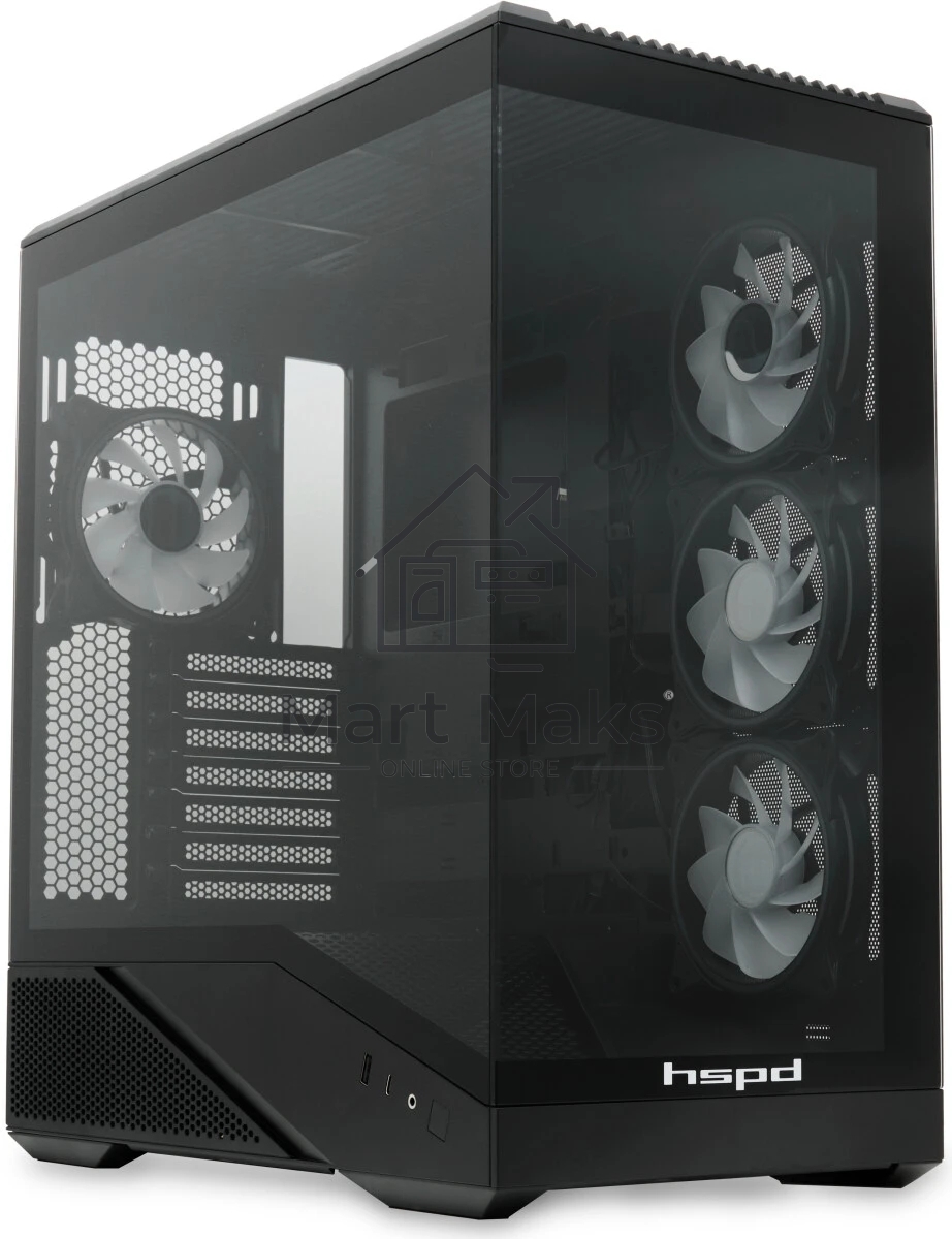 Компьютерный корпус без блока питания HSPD F711-TGbK-ARGB, Panoramic Full Tower, черный, TG, 0.7 SPCC, 4x120мм ARGB ATX, mATX, mITX 190/420/280мм 2x2.5