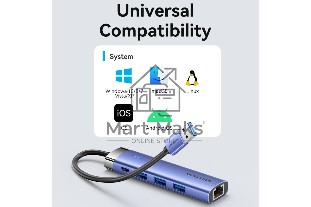 Сетевой адаптер Vention USB 3.0 M/Gigabit Ethernet RJ45+OTG хаб 3xUSB Синий - 0.15м.