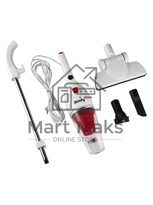 Пылесос вертикальный Domfy DSC-VC301 белый/красный, питание от сети, 120 Вт, уборка сухая, пылесборник 1.2 л