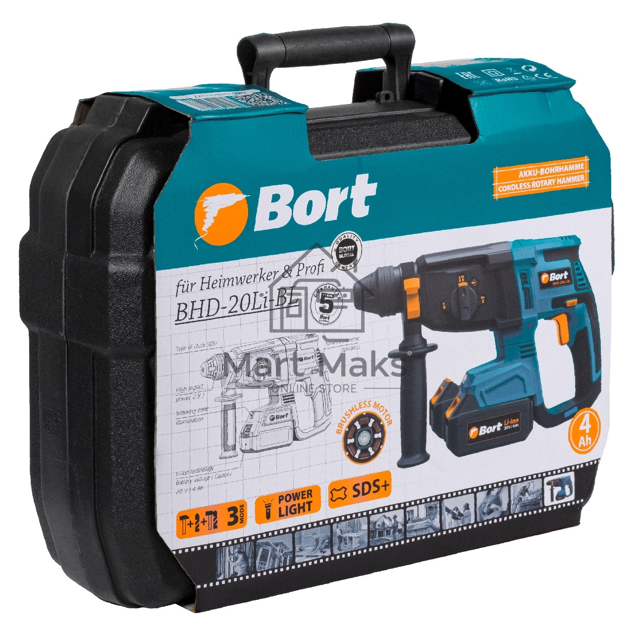 Перфоратор аккумуляторный Bort BHD-20Li-BL (2x4,0А.ч) (93412697) Напряжение аккумуляторной батареи 20 В; Двигатель Бесщеточный двигатель; Энергоемкость аккумуляторной батареи 4 А·ч; Тип аккумуляторной батареи Li-Ion; Скорость холостого хода ...1200 об/мин