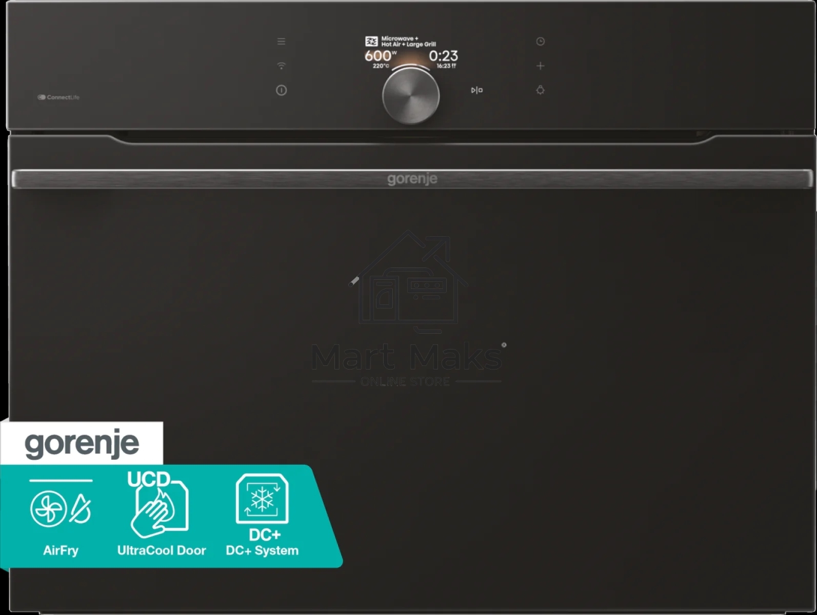 Духовой шкаф Gorenje BCM4058B, компактный, функция СВЧ, 50 л, макс. температура 275 градусов, электронное управление, дисплей, Wi-Fi, MultiFlow 360, AirFry, динамическая система охлаждения DC+, быстрый нагрев, цвет черный
