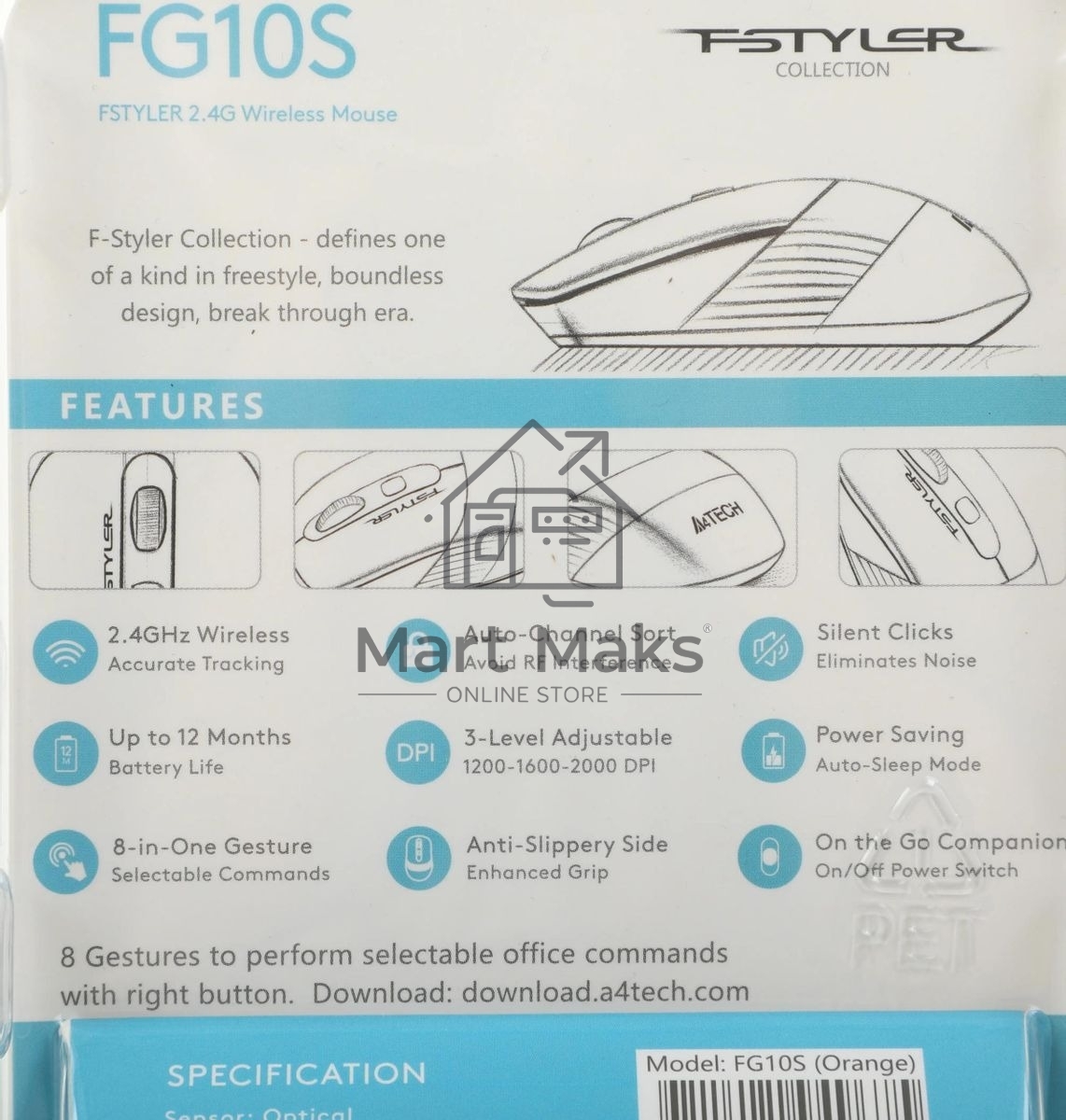 Мышь беспроводная A4Tech Fstyler FG10S черный/оранжевый, 2000 dpi, радиоканал, USB, кнопки - 4