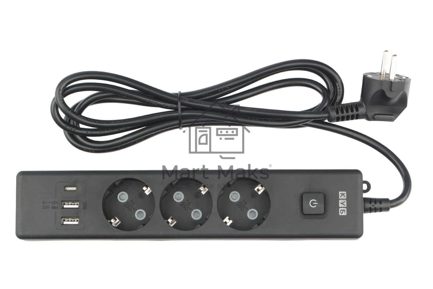 Бытовой удлинитель PowerCube, 3р с/з вык.,3USB, 3500 Вт, 16А, 1.9 м, 3*1,0 (черный) PC-6B-2M