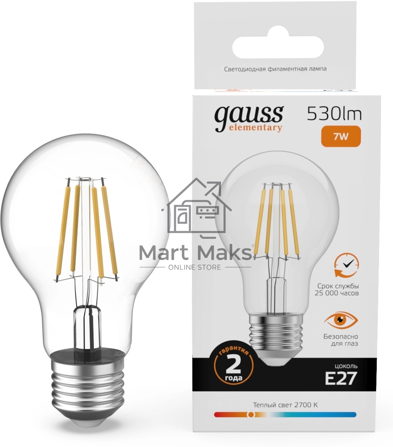 Лампа филам. Gauss Filament 7Вт цок.:E27 груша св.свеч.бел.теп. (упак.:10шт) (22217)