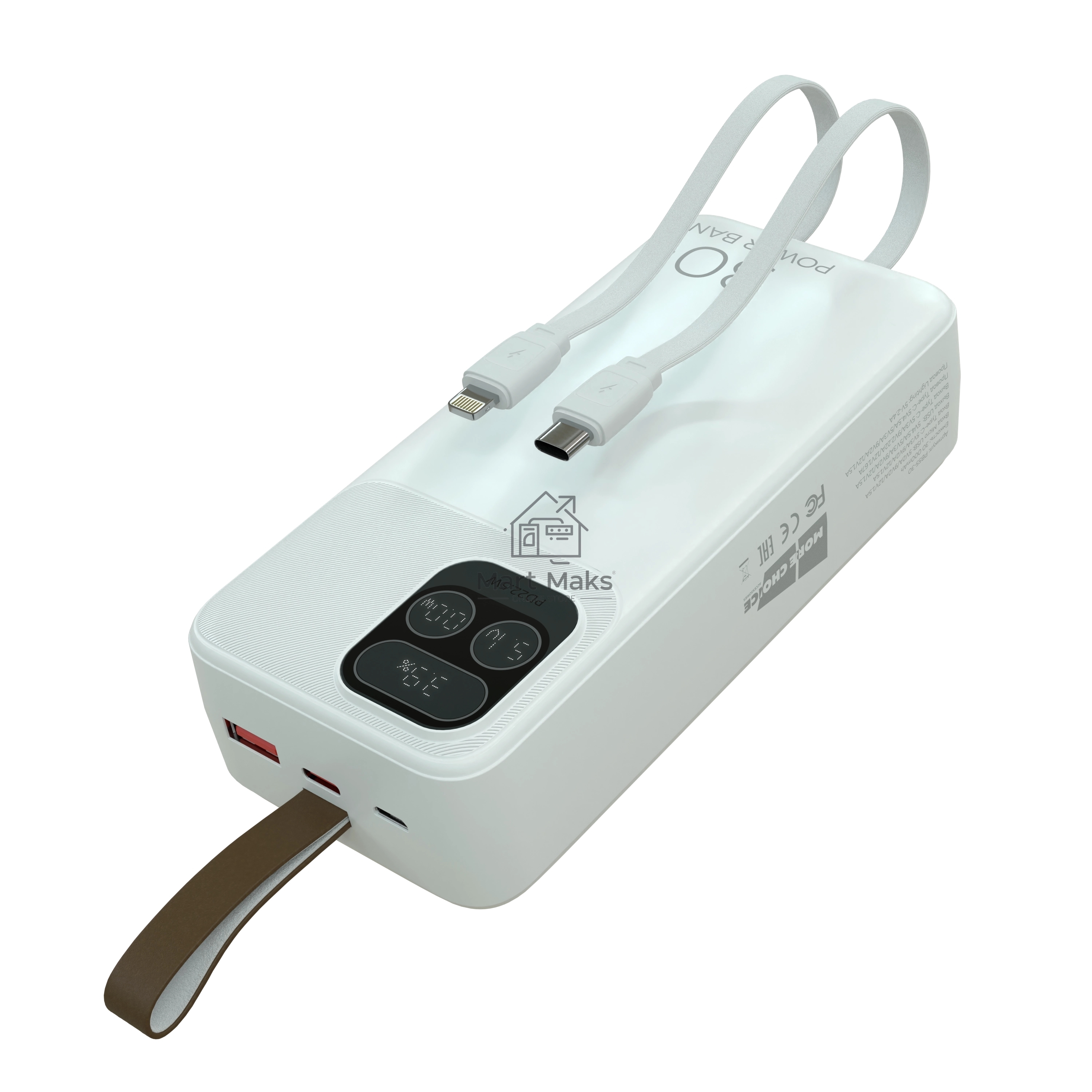 Портативный аккумулятор More choice (4620202550644) PB55-30 с кабелем 1USB 3.0A 22.5W PD - 30000mAh белый
