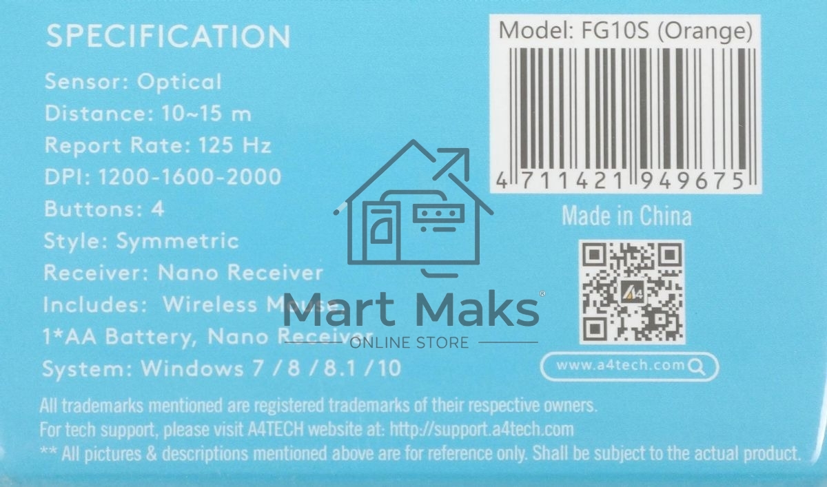 Мышь беспроводная A4Tech Fstyler FG10S черный/оранжевый, 2000 dpi, радиоканал, USB, кнопки - 4