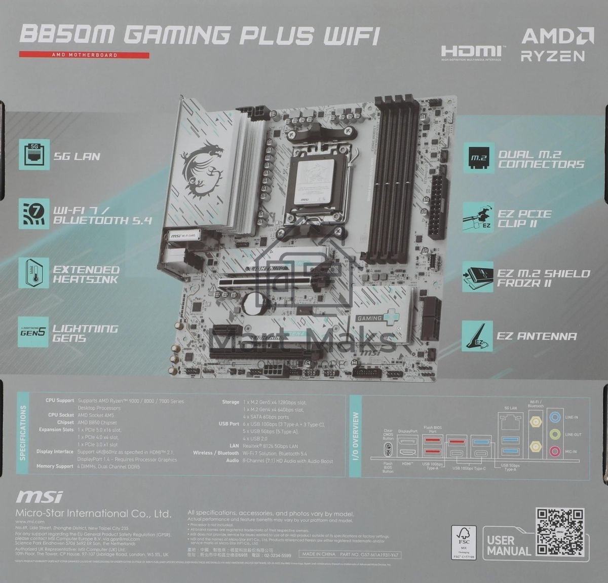 Материнская плата MSI B850M GAMING PLUS WIFI, AM5, AMD B850, 4xDDR5, 4xSATA, 2xM.2, 1xPCIe 5.0 x16, 1xPCIe 4.0 x4, 1xPCIe 3.0 x1, 1xDP, 1xHDMI, 1x5Gb LAN, Wi-Fi 7, Bluetooth 5.4, 3xUSB-C 10Gbps, 3xUSB-A 10Gbps, 3xUSB-A 5Gbps, 3x3.5 мм, 7.1, mATX
