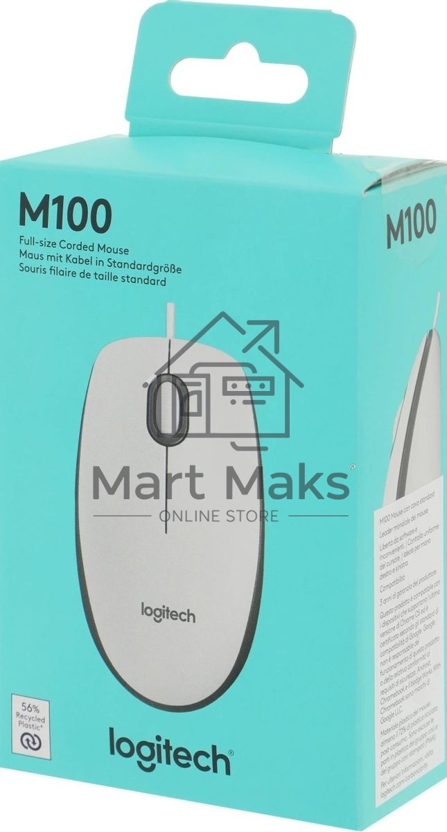 Мышь проводная Logitech M100 белый, 1000 dpi, USB, кнопки - 3