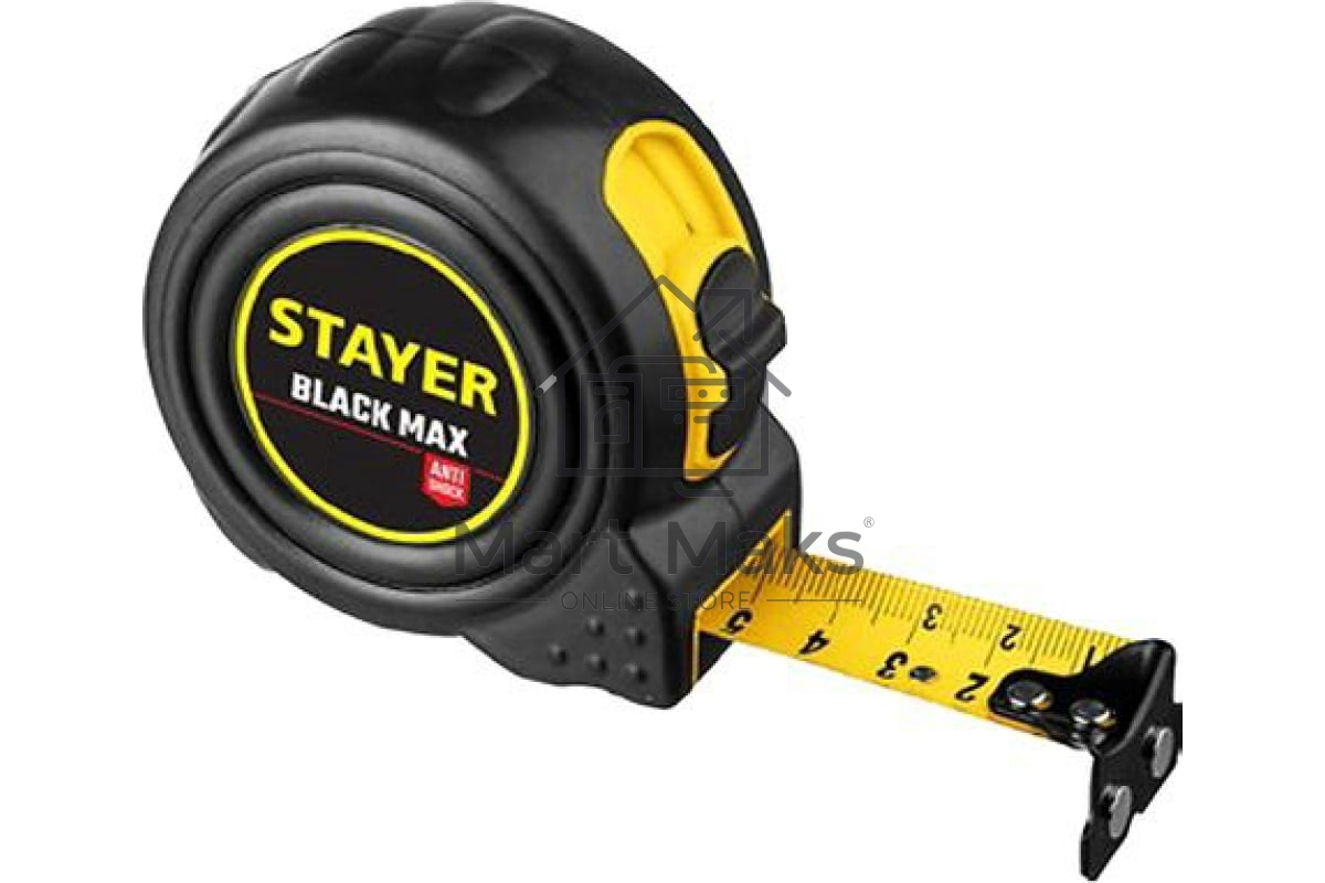 Рулетка STAYER BlackMax 10м / 25мм в ударостойком полностью обрезиненном корпусе и двумя фиксаторами