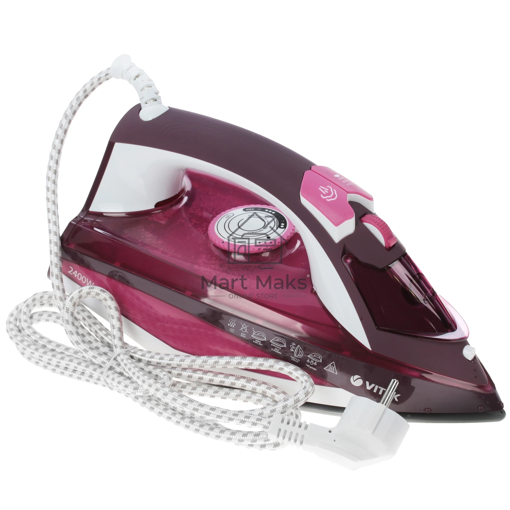 Утюг Vitek VT-1215 (PK) максимальная 2400 Вт.Подошва Ceramic Ultra Care.