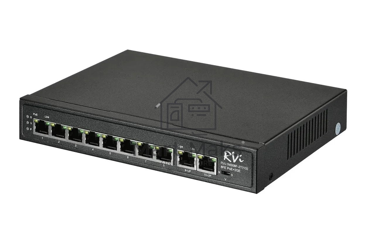 Коммутатор RVi 1NS08F-2T (1G), 8×100 Мбит/с PoE + 2×1 Гбит/с Uplink, неуправляемый