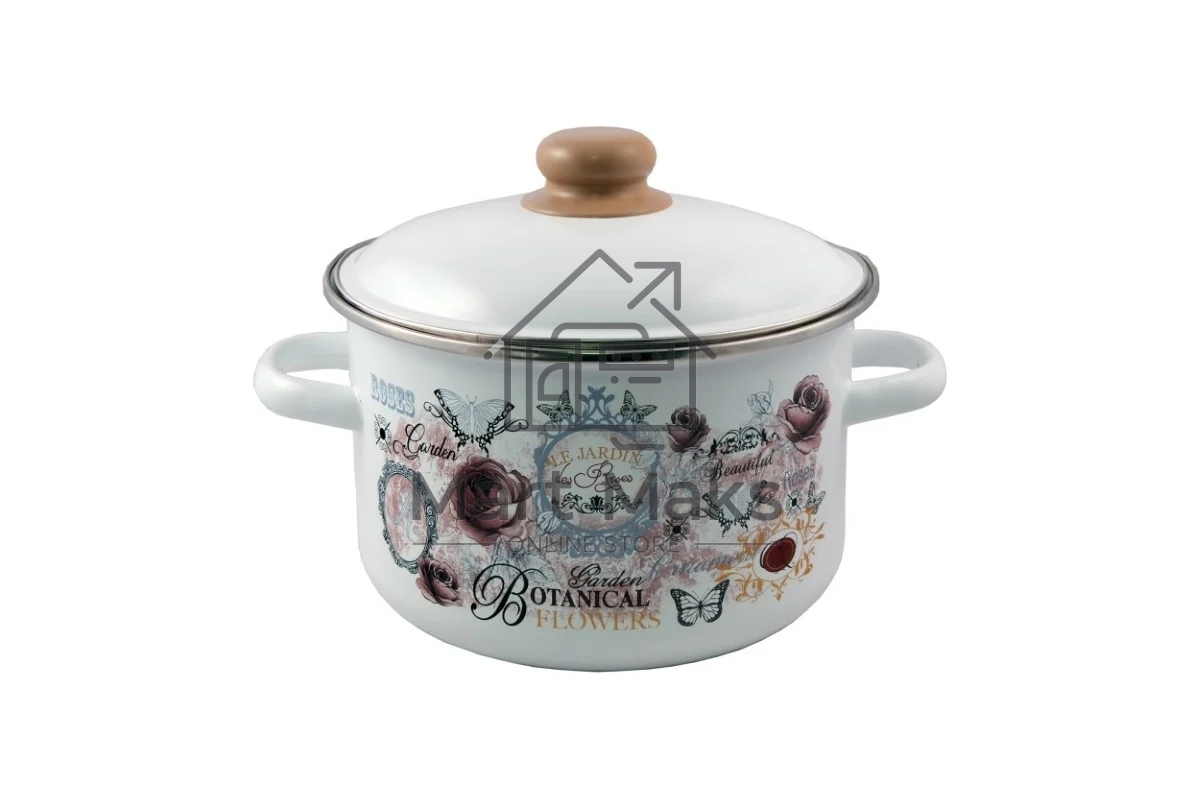 Кастрюля Appetite 1RD221М Roses с крышкой, эмалированная сталь, цилиндрическая 5,5 л