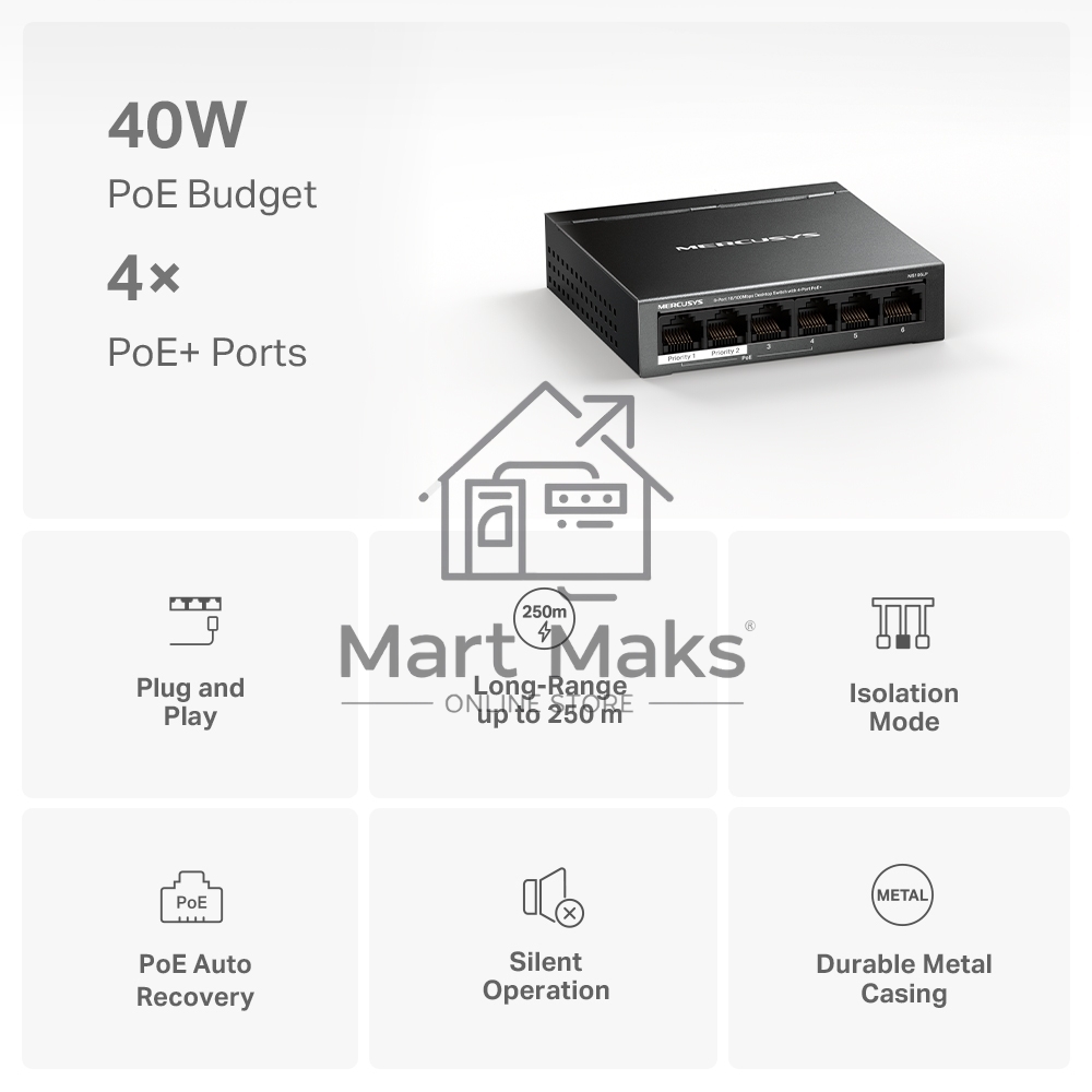 Настольный коммутатор Mercusys MS106LP с 6 портами 10/100 Мбит/с (4 порта PoE+)
