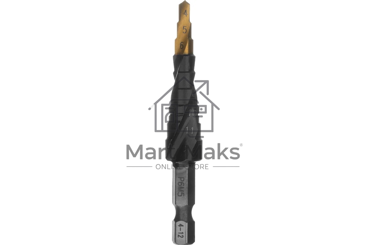 Сверло ступенчатое Denzel 4-5-6-7-8-9-10-11-12 мм, Р6М5, 6-гр. хвостовик 723602