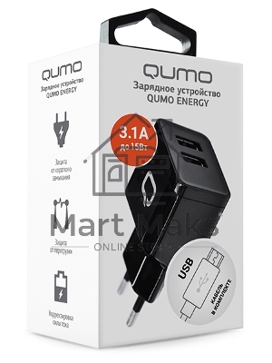 Сетевое зарядное устройство Qumo Energy (Charger 0062), 2 USB, 3.1A, Micro USB cable, черный