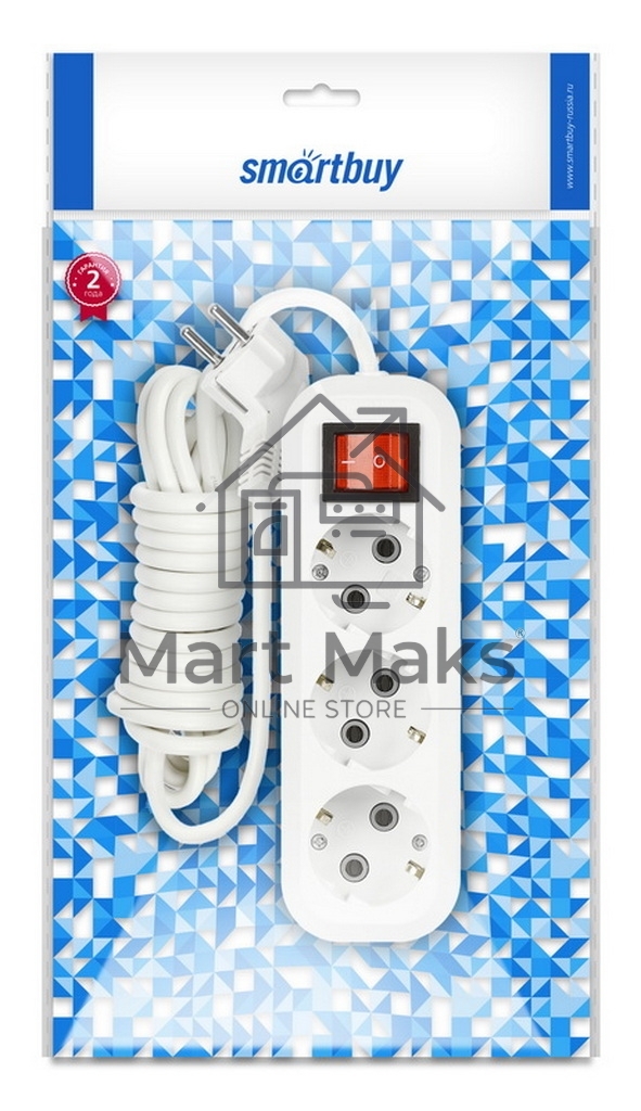 Удлинитель Smartbuy (SBE-16-3-02-ZS) 3 гнз х 2,0 м (16А/3.5 кВт, ПВС 3х1.0)