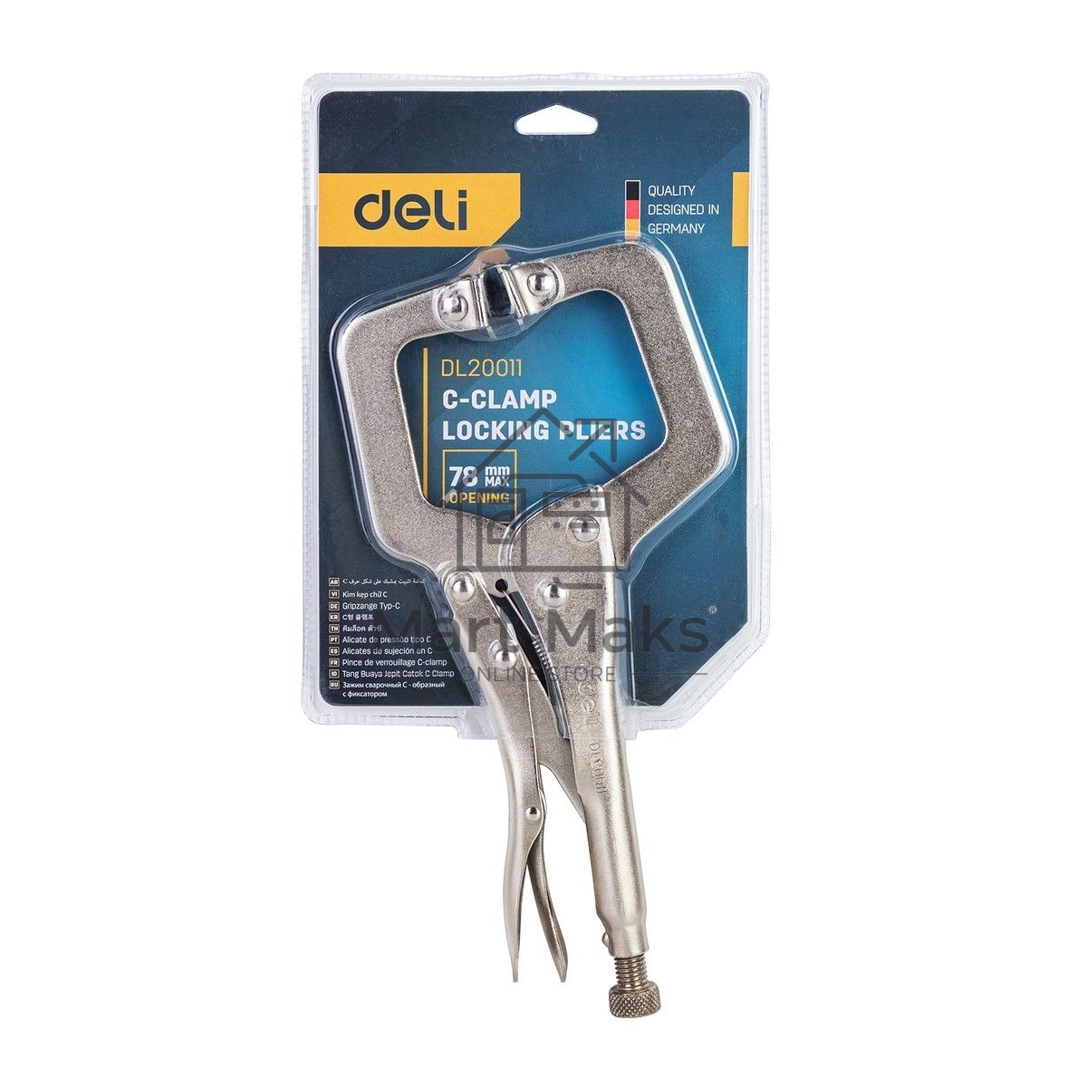 Зажимные клещи С-образные с фиксатором Deli DL20011 Рабочий ход 78 мм. Материал высокоуглеродистая сталь CrMo. Регулировочный винт. Быстросъемная ручка.