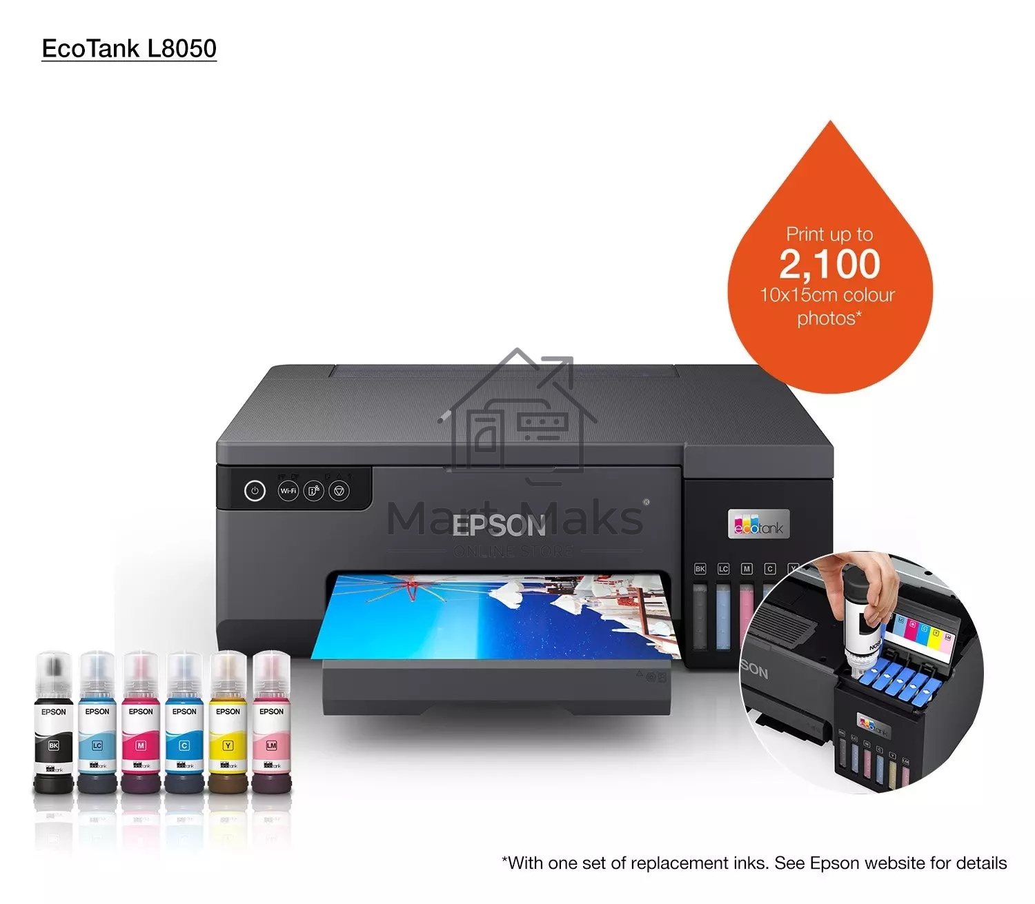 Принтер струйный Epson L8050 (C11CK37405/C11CK37402/C11CK37504/C11CK37507/C11CK37506), A4, цветное, печ. до 8 стр/мин., 1440 x 5760 dpi, USB, Wi-Fi