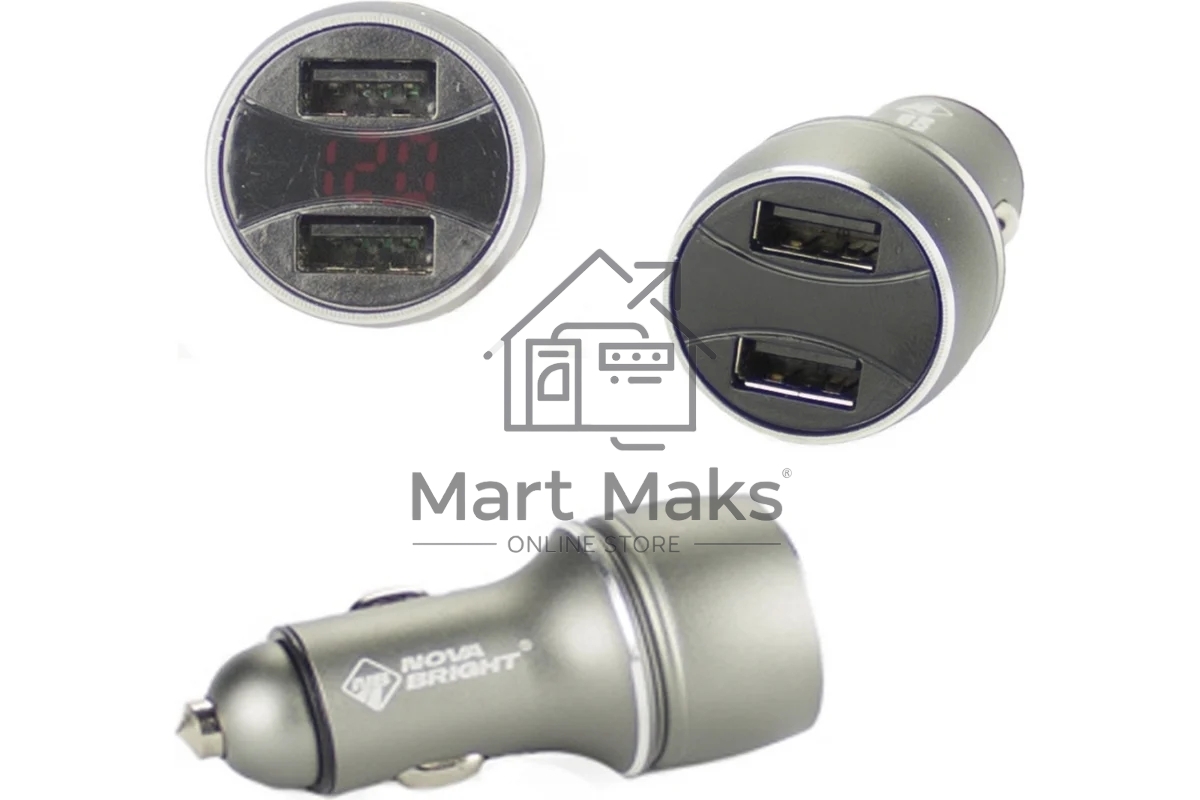 Зарядное устройство NOVA BRIGHT для моб.устройств, 2 USB-порта, 2100мА + цифровой LED вольтметр, 12/24В 46898