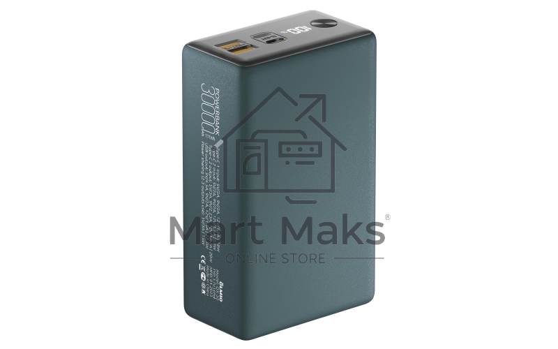 Портативный аккумулятор OLMIO QX-30, 30000mAh, 22.5W, QuickCharge3.0/PowerDelivery, LCD, темно-зеленый