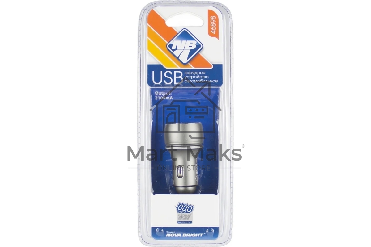 Зарядное устройство NOVA BRIGHT для моб.устройств, 2 USB-порта, 2100мА + цифровой LED вольтметр, 12/24В 46898