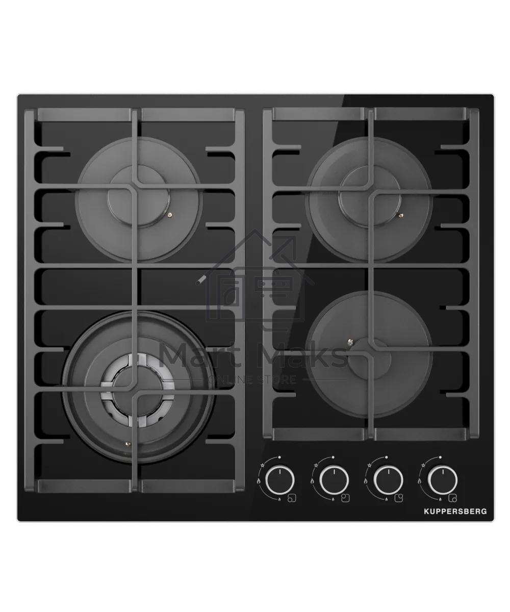 Варочная поверхность Kuppersberg TG 62 B, газ, High-Tech, 60 см, 4 конфорки, автоматический электроподжиг, газ-контроль, форсунки под сжиженый газ, SABAF конфорки, WOK конфорка, чугунные решетки, цвет черное стекло, цвет фурнитуры черный