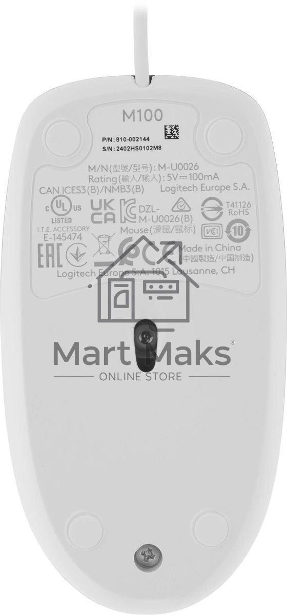 Мышь проводная Logitech M100 белый, 1000 dpi, USB, кнопки - 3