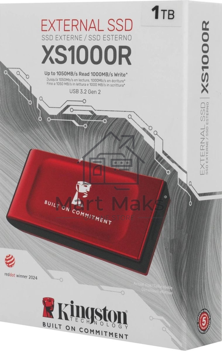 Внешний SSD Kingston XS1000, 1TB, USB 3.2 Gen 2 Type-C, R/W 1050/1000, красный