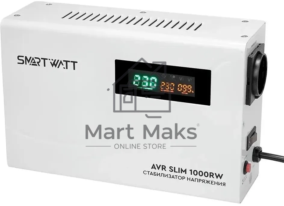 Настенный стабилизатор напряжения SMARTWATT AVR SLIM 1000RW (100W - 260W, 1000VA, 1 кВт, 50 Гц, розеток - 1, LED-дисплей