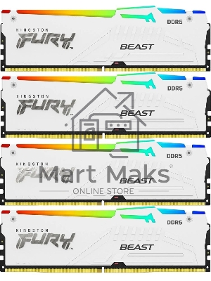 Оперативная память Kingston Fury Beast, DDR5, 128Gb (4x32 Gb), 5200 MHz, CL40, радиатор, RGb, белый