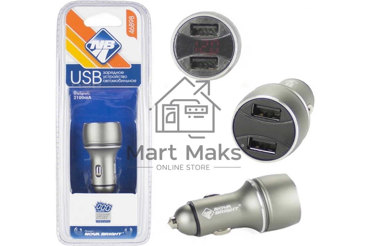 Зарядное устройство NOVA BRIGHT для моб.устройств, 2 USB-порта, 2100мА + цифровой LED вольтметр, 12/24В 46898