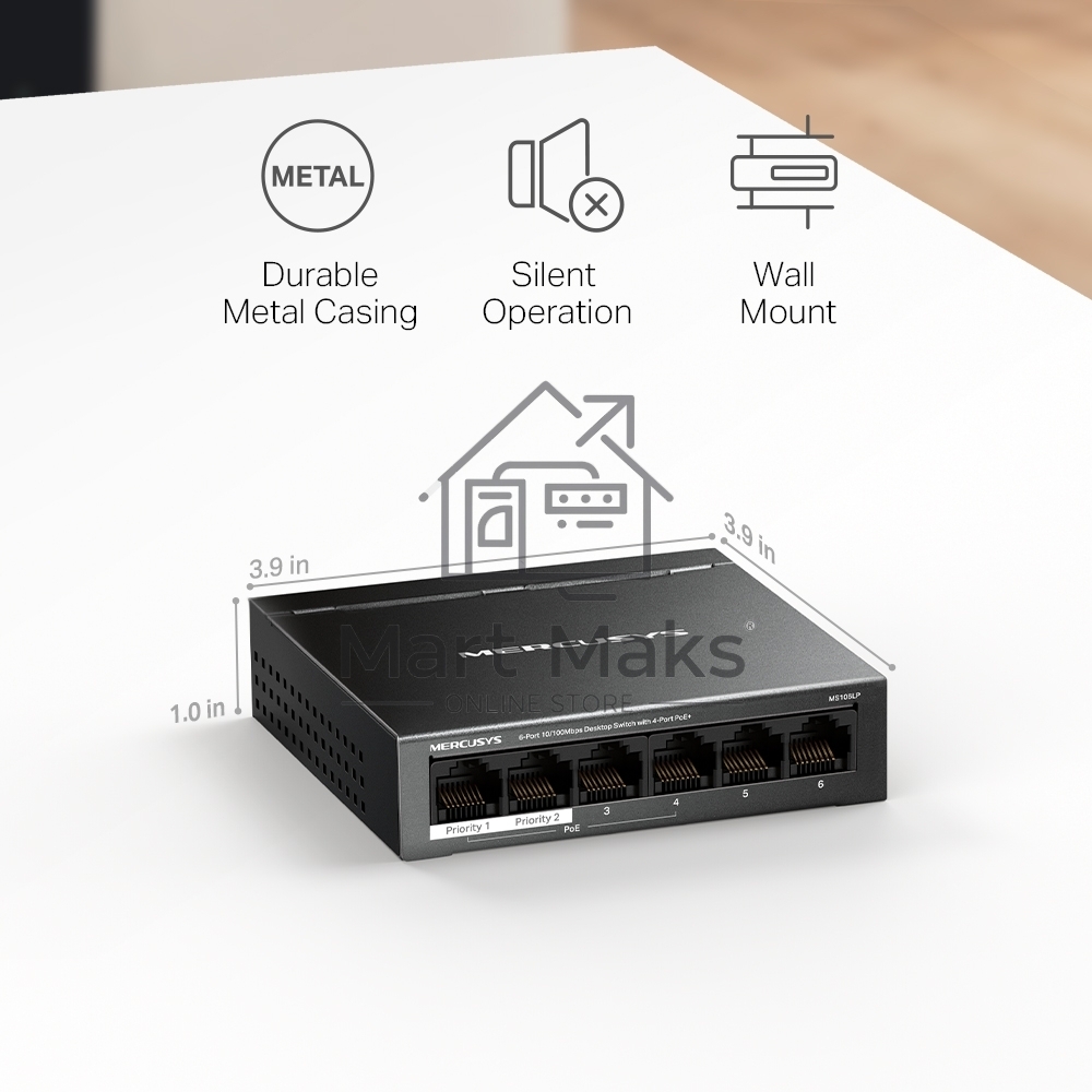 Настольный коммутатор Mercusys MS106LP с 6 портами 10/100 Мбит/с (4 порта PoE+)