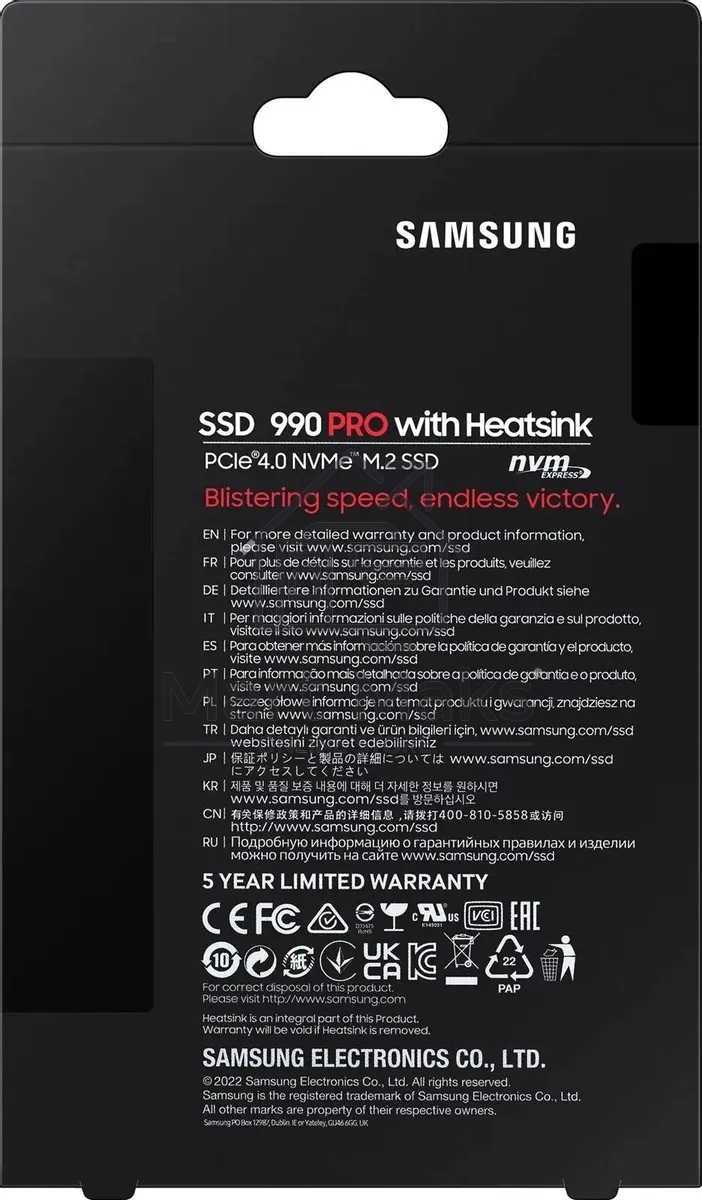 Накопитель SSD Samsung 990 PRO, 1000GB, PCIe 4.0 x4, M.2 2280, NVMe, R/W 7450/6900, с радиатором