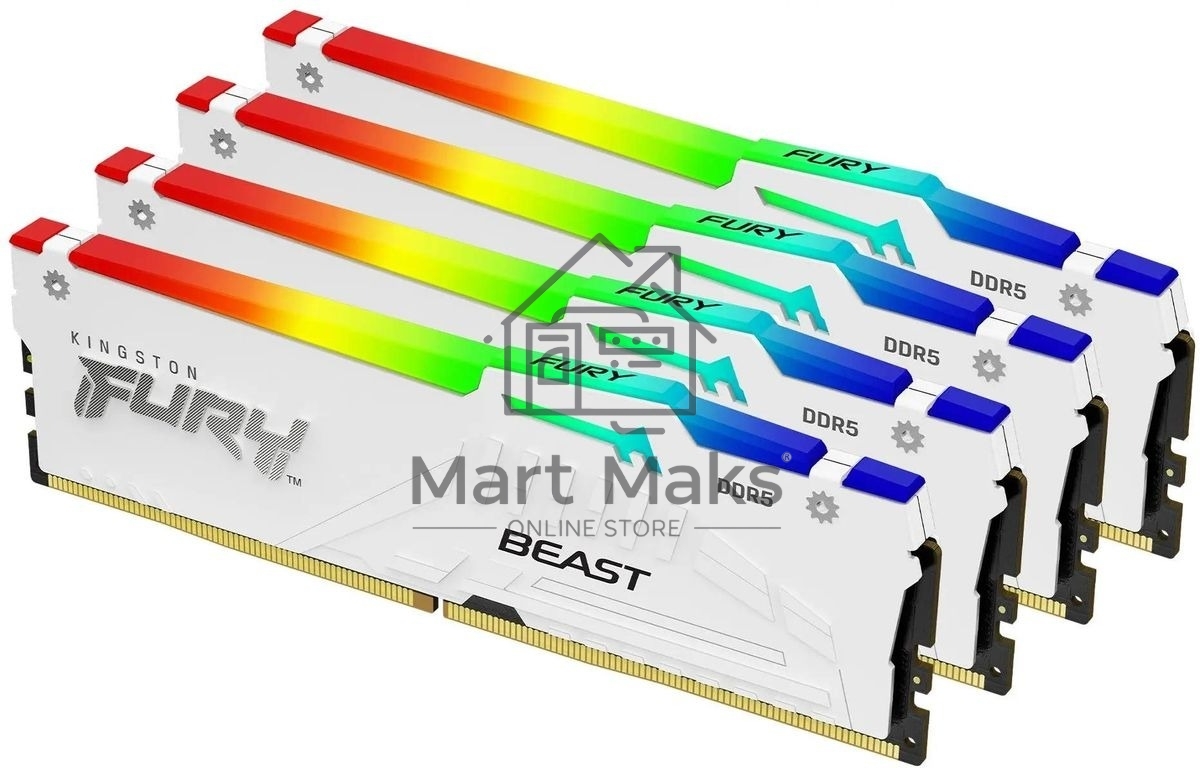 Оперативная память Kingston Fury Beast, DDR5, 64GB (4x16GB), 5200MHz, CL40, DIMM, с радиаторами, RGB, белый