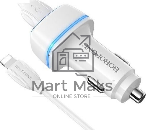 Автомобильное зарядное устройство Borofone Max BZ14, 2xUSB, 2.4А, 12 Вт, кабель Lightning 8-pin, белый (6931474735935)