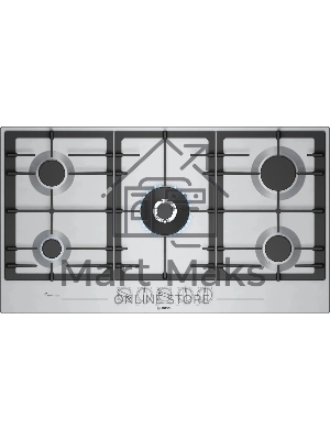 Газовая варочная панель Bosch PCR9A5I90M,90 см,нержавеющая сталь, 5 конфорок, 1 WOK-конфорка c 2 контурами пламени, 1 конфорка повышенной мощности,чугунные решетки,газ-контроль, автоматический электроподжиг