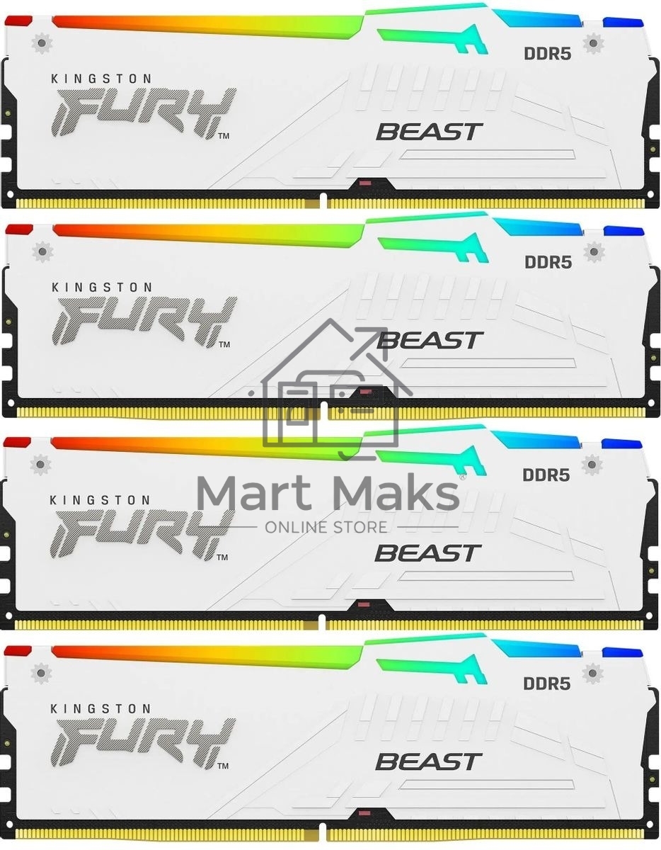 Оперативная память Kingston Fury Beast, DDR5, 64GB (4x16GB), 5200MHz, CL40, DIMM, с радиаторами, RGB, белый