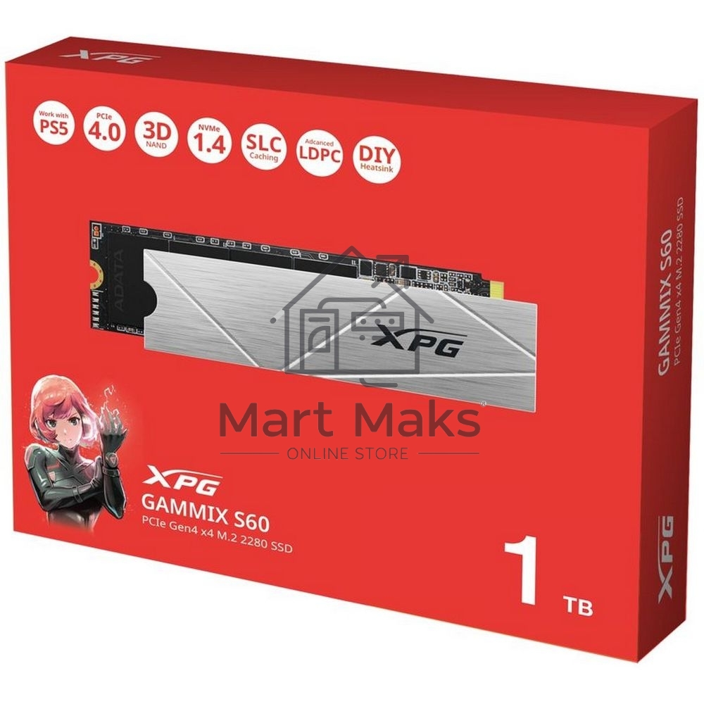 Накопитель SSD ADATA XPG GAMMIX S60, 1Tb, PCIe 4.0 x4, M.2 2280, NVMe, R/W 5000/3200, с радиатором