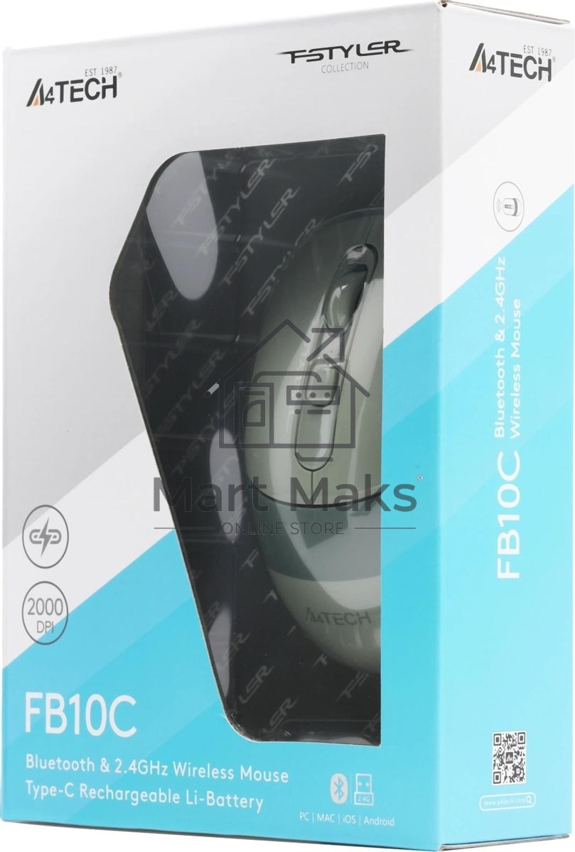 Мышь беспроводная A4Tech Fstyler FB10C зеленый, 2000 dpi, радиоканал, Bluetooth, USB, кнопки - 4