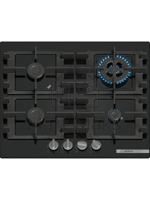 Газовая варочная панель Bosch Serie 4, 60 см, закаленное стекло, черный, 4 конфорки, 1 конфорка WOK c 2 контурами пламени, индивидуальные чугунные решетки, газ-контроль, автоматический электроподжиг, сделано в Испании